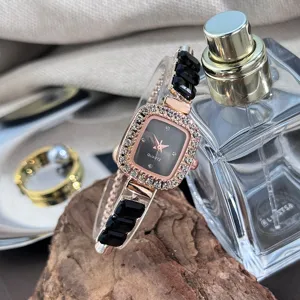 Elegant square rhinestone quartz watch for women with stylish black bead bracelet strap.