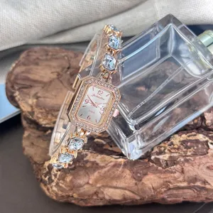 Exquisite quadratische Strass-Quarzuhr mit buntem Edelstein-Armband für Damen, elegantes Detail.