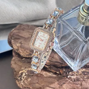 Damen Rechteck Quarzuhr mit Strass-Lünette und Edelstein-Armband, elegantes Accessoire.