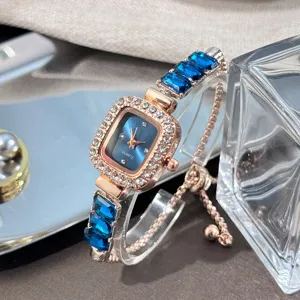 Elegant square crystal quartz watch with blue gemstone bracelet and adjustable strap.