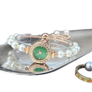 Women quartz watch with green dial, rhinestones and pull-adjustable pearl bracelet main