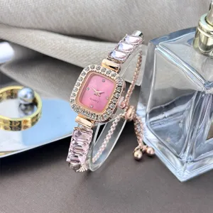 Rose gold quartz watch for women, pink square dial with crystal bezel and gemstone strap.