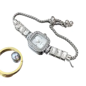 Rhinestone square quartz watch for women, pull-adjustable silver bracelet wristwatch.