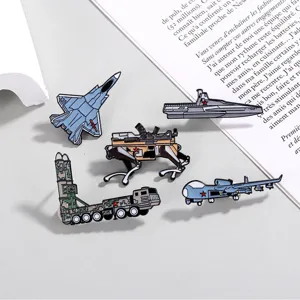 Detailed shot of military themed enamel pins set, featuring fighter jet and vehicle brooches.