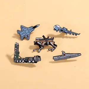 Detailed shot of military theme enamel pins set, featuring fighter jet and missile launcher.