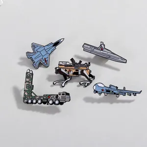 Military themed enamel pin set featuring fighter jets, warships, and robotic dogs for fans.