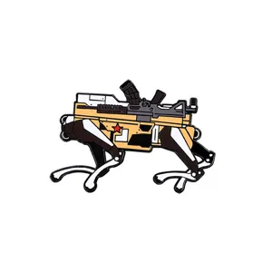 Military robot dog enamel pin, mechanical wolf brooch badge with rifle, tactical gear