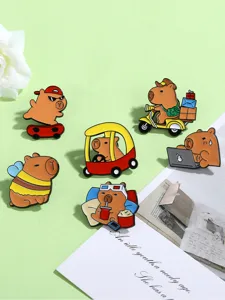 Close-up detail of cute capybara enamel pins set, featuring various fun cartoon designs for decoration.
