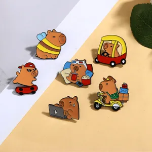 Cute capybara enamel pin set, cartoon animal metal brooch for backpack, sweet fashion jewelry.