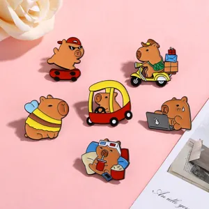 Cute capybara enamel pin set cartoon animal metal brooch for backpack bag decor.
