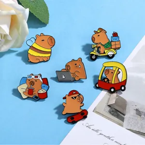 Cute capybara enamel pins set, cartoon animal metal badges for backpack and clothes.