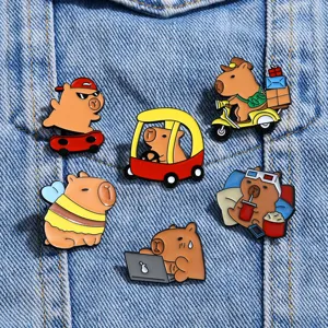 Cute cartoon capybara enamel pin set, funny animal metal badge for backpack or clothes decoration.