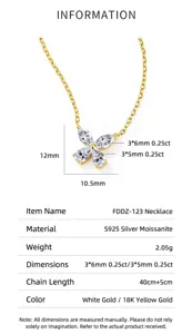 Detaillierte Daten der S925 Silber Moissanit Blumenkette mit verstellbarer 40+5cm Kette.