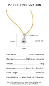 Technical specifications and dimensions for Moissanite S925 sterling silver necklace