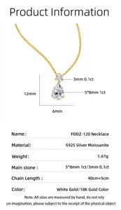 Collana con ciondolo a goccia di pera in argento S925 moissanite dettagli misura