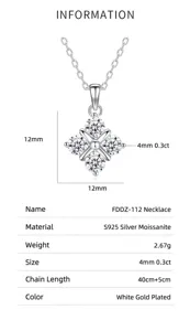 Close-up of moissanite pendant necklace with technical specifications and size details