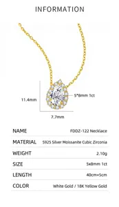 Detail sheet of S925 sterling silver pear-shaped moissanite necklace with dimensions.
