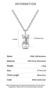 Detailed specifications of S925 silver necklace with 1ct emerald-cut Moissanite stone.