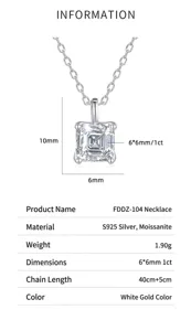 Detailed specifications for S925 sterling silver square-cut moissanite pendant necklace
