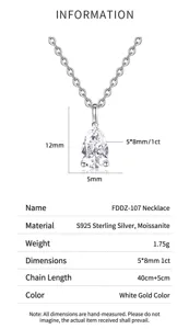 Detailed size and material specifications for S925 silver moissanite necklace.