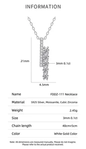 Detailed product specifications for S925 silver moissanite pendant necklace with measurements