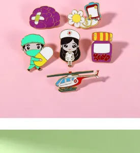 Cute medical enamel pin set featuring nurse, doctor, and cute cartoon hospital theme designs.