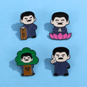 Cute Lu Xun cartoon enamel pin set, zinc alloy metal brooches for backpacks, fun literary gifts.