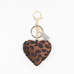 Cute Cartoon PU Leather Leopard Print Heart Keychain Tassel Bead Chain Pendant Bag Charm Car Ornament Accessory For Daily Use