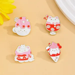 Set spilla smaltata gatto carino, dolce rosa gelato spilla in metallo distintivo per vestiti