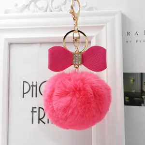Pink Faux Fur Pom Pom Keychain Cute Bowknot Key Ring Bag Pendant Fluffy Accessories Gift