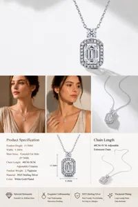 Detail view of S925 sterling silver emerald cut moissanite necklace with dimensions