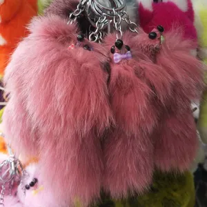 Fluffy pink plush keychain cute pom pom bag charm fluffy animal key ring for women girls accessories