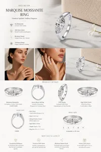 Elegant marquise moissanite ring in S925 silver featuring a secure bezel setting design.