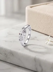 Exquisite 1CT marquise moissanite ring in 925 silver, elegant straight-band detail shot.