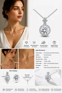 Detailed product shots of S925 sterling silver necklace with round D color Moissanite stone