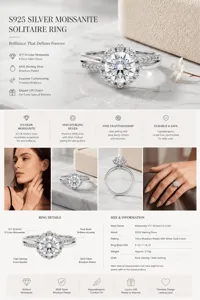 Detailed features of 925 sterling silver moissanite halo engagement ring with 1ct stone.