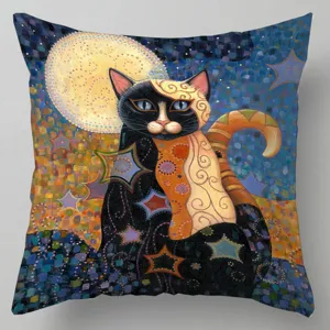 Funda de cojín lino impresión gato pintura al óleo 45x45cm decoración sofá hogar arte.