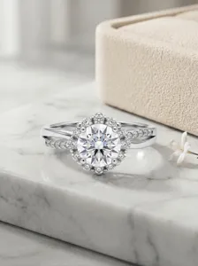 925 sterling silver moissanite ring with crossover halo and pavé stones for engagement wedding.