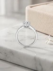 Détail exquis de bague en argent 925 à six griffes avec anneau pavé de moissanite brillante.