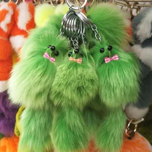 Green fluffy plush keychain cute furry animal bag charm with bow and metal ring charm