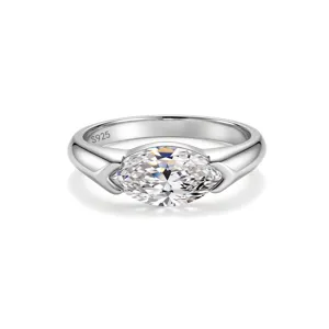 Close-up detail of the 1CT marquise moissanite 925 silver ring, shining brilliantly.