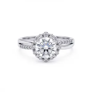 Detailed close-up view of 925 silver halo cluster ring with paved zircon stones.