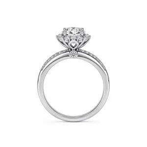 Detailed view of the 925 sterling silver halo moissanite ring with a stunning floral setting.