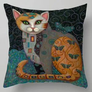 Funda de cojín decorativa con diseño de gato al óleo artístico para el sofá de casa.