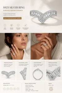 Prachtige 925 zilveren V-vormige ring bezet met schitterende baguette en ronde zirkonia sten.