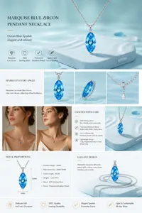 Detailed view of marquise blue zircon pendant, delicate sterling silver chain and clasp.