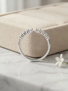 Detailed view of a sleek 925 silver half-circle open moissanite ring for minimalist daily wear.