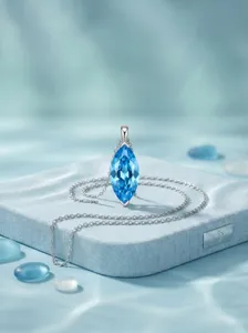 Minimalist 925 sterling silver marquise blue crystal pendant necklace, clear and elegant design.