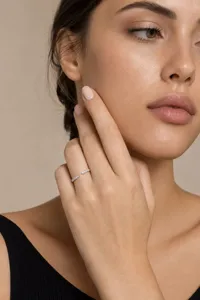 Detail view of the 925 silver open moissanite ring, showing delicate pavé stones and stackable design.
