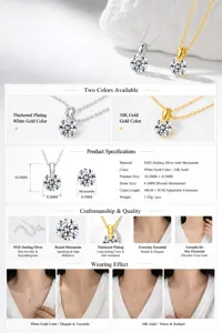 Macro view of moissanite pendant necklace with technical dimensions and wearing effect